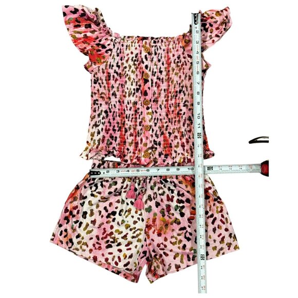 Girls 1st Kiss Pink Leopard Off-Shoulder Smocked Top & Shorts Set L/14 - Picture 3 of 9